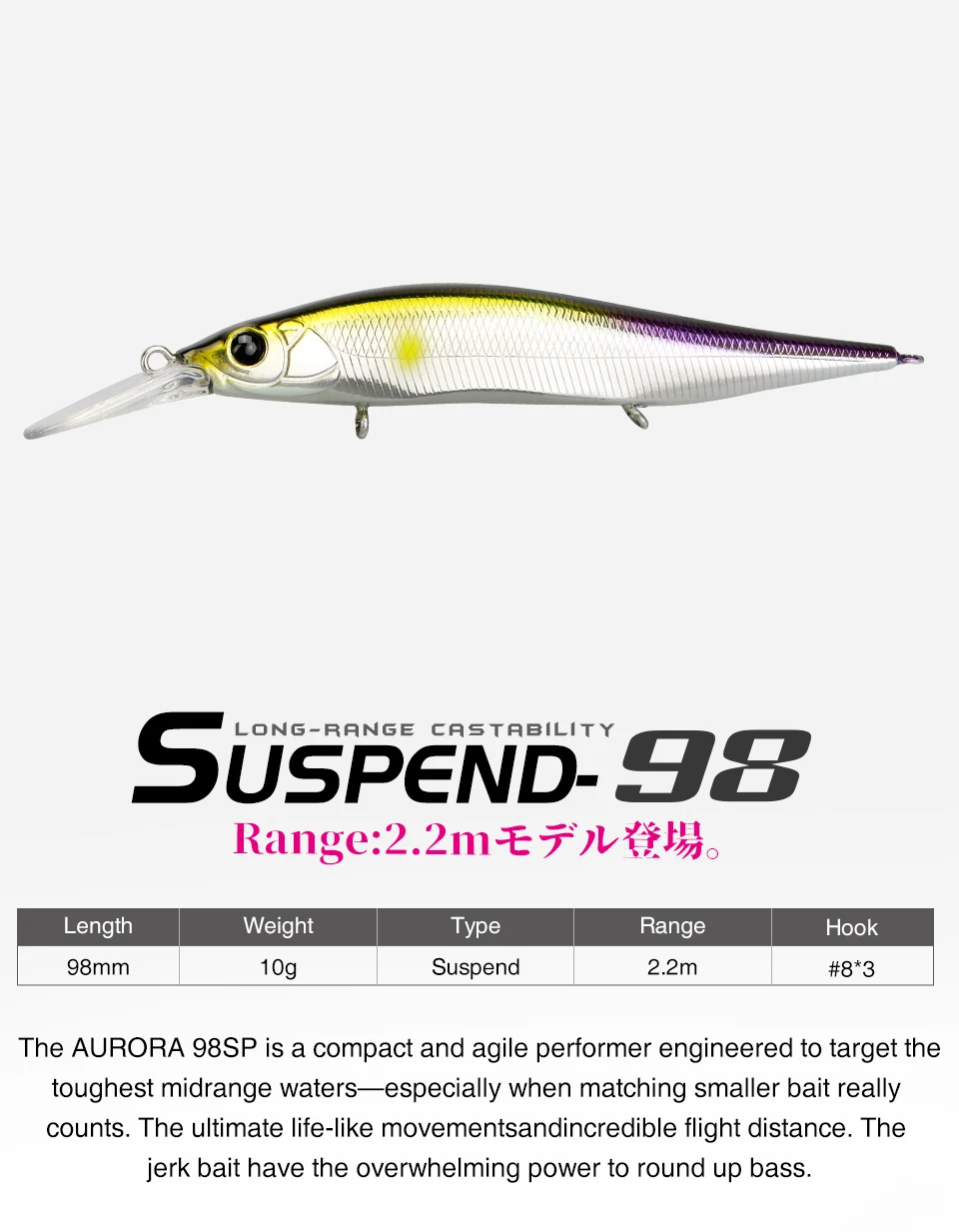 TSURINOYA 98mm 10g SP Tiefe Max 2,2m Suspending Minnow Jerkbait AURORA 98SP Gewicht Harter Köder Weitwurf Angelköder – Detail 4