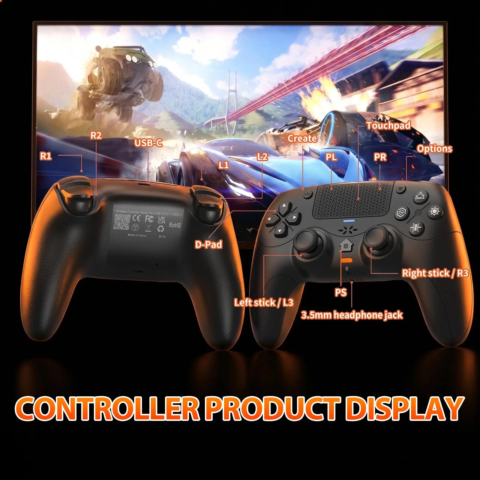 Kontroler do Playstation 5 PS5/PC, 6-osiowy żyroskop, bezprzewodowy gamepad z haptyczną komunikacją sensoryczną, touchpad, czujniki Halla, wbudowany mikrofon, joystick do gier. — zdjęcie produktu 6