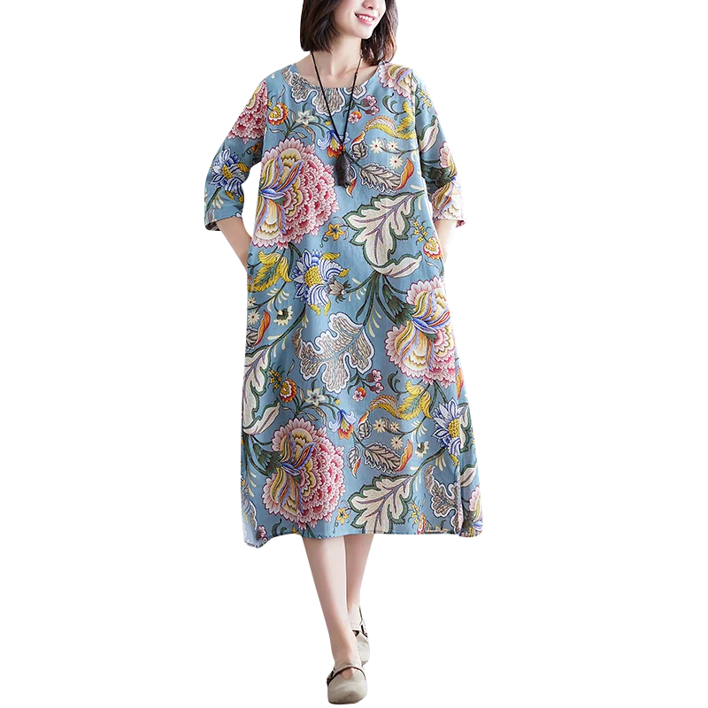 Vintage Printed Dresses for Women, Loose Oversized Knee-length Lady Elegant Dresses, Top Quality, India Folk, Summer, 2024