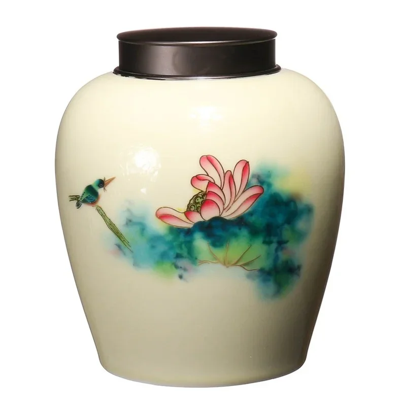 Alloy Lid Sealed Tea Cans Ceramic Jar Countertop Decorative Porcelain Grain Decor