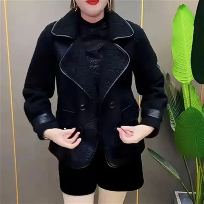 Both Sides Wear Leather Jacket Women Autumn Winter Suit Collar Patchwork Lambhair Coat Double Breasted Faux Leather Overcoat 4XL