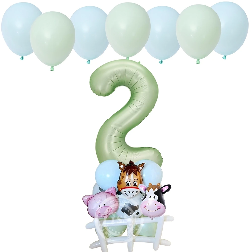 23pcs Farm Animal Balloon Tower Carton Cow/Pig Balloon with Green Number Balloon for Kids Farm Animal Birthday Party Decorations