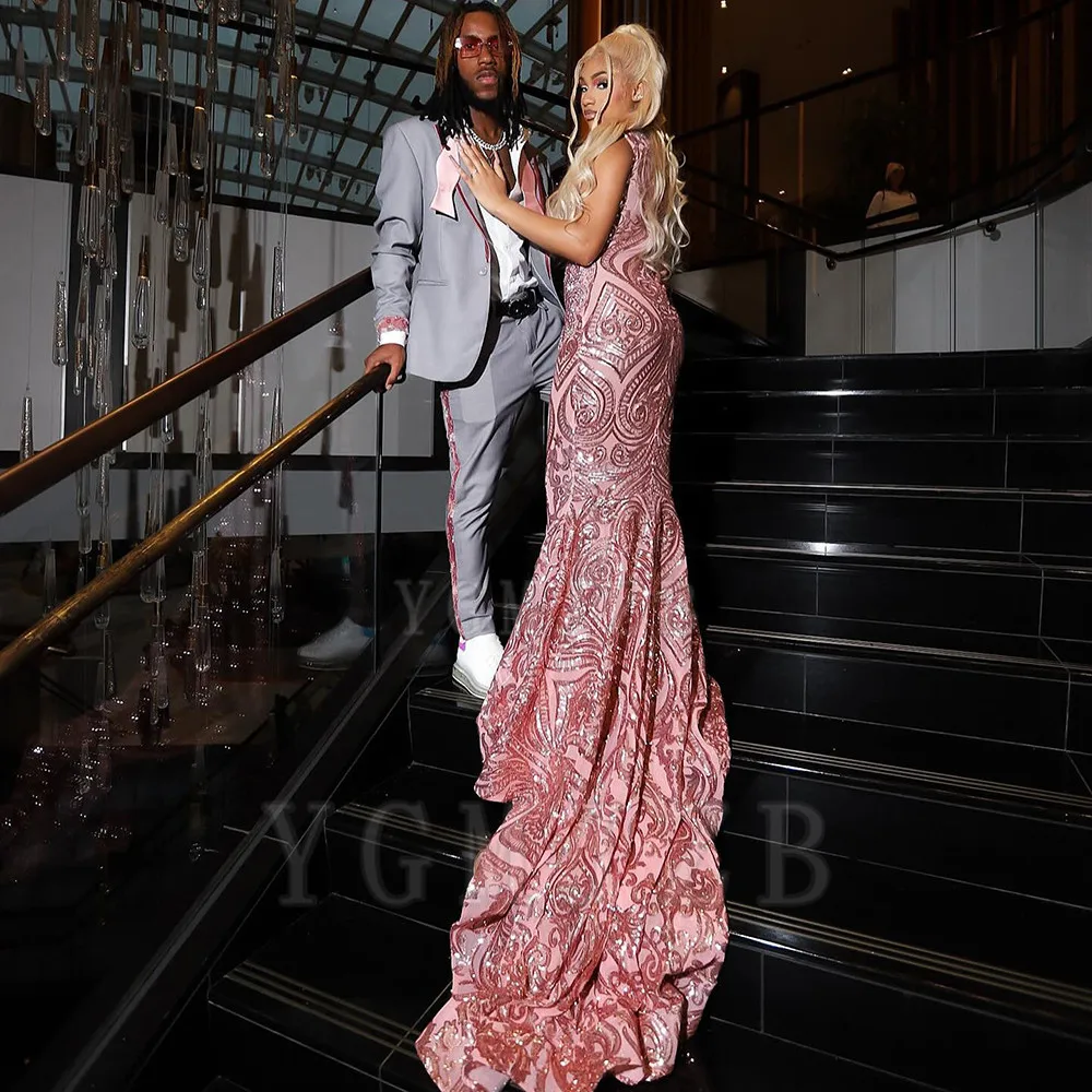 Brokatowy diament Rhinestone syrenka długie suknie balowe dla czarnych dziewczynek 2025 seksowna koronkowa suknia wieczorowa bez rękawów dostosowane