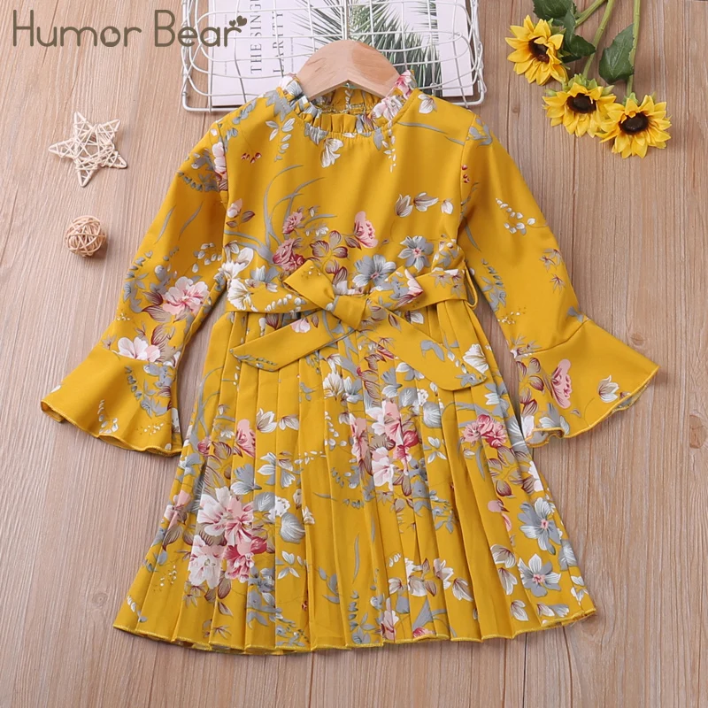 

Humor Bear Girl Dress Flare Sleeve Children Long Sleeve Floral Dress Kids Belt Bow Princess Dress