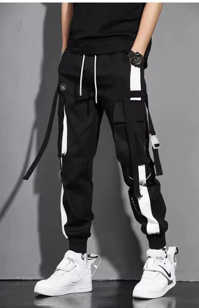 Classic Streetwear Casual Men Ribbons Harem Jogging Pants Male Slim Fit Spring Cargo Pants Multi-Pockets Fashion Women Trousers