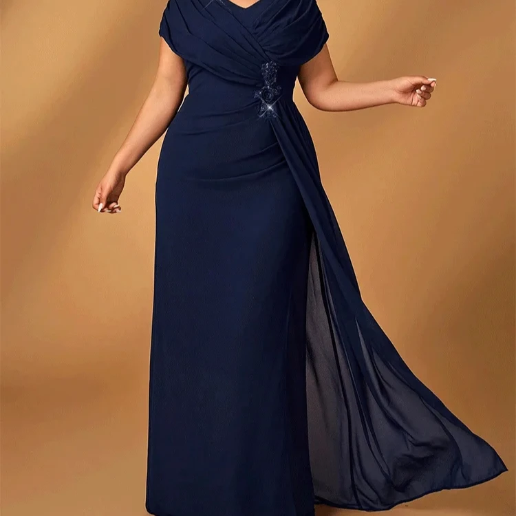 Luxus-Abendkleider für Mütter in Übergröße, Hochzeit, Empfang, Party, luxuriöses, glänzendes Chiffon-Mutter-Abendkleid in Übergröße in Marineblau