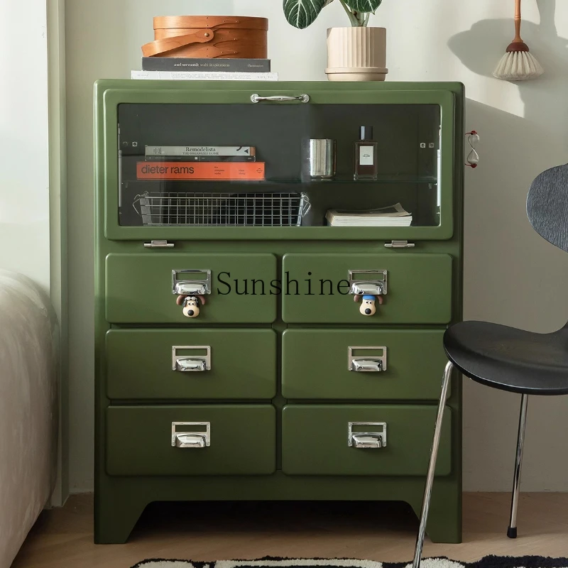 

TT Japanese-style retro metal dining side cabinet bedroom living room drawer storage glass display cabinet