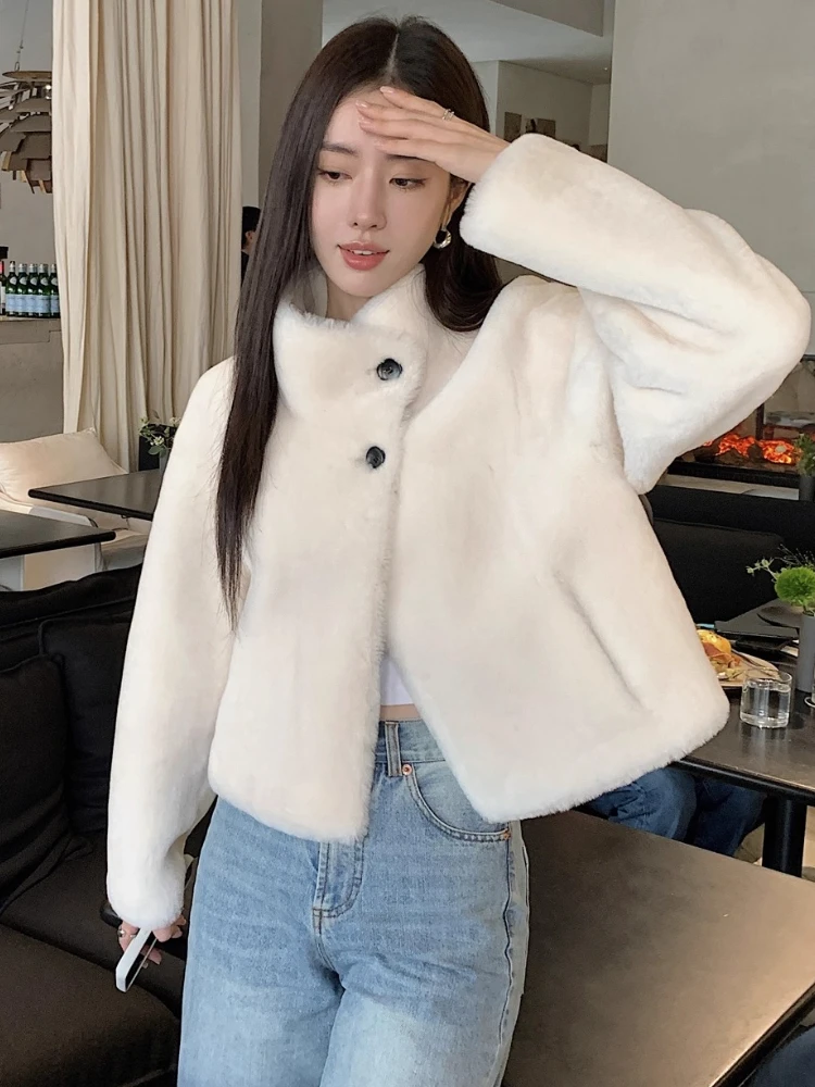 

High-end Luxury Merino Sheep Fur Cropped Winter Jackets for Women Simple Stand Collar Genuine Leather Real Fur Lambswool Coat