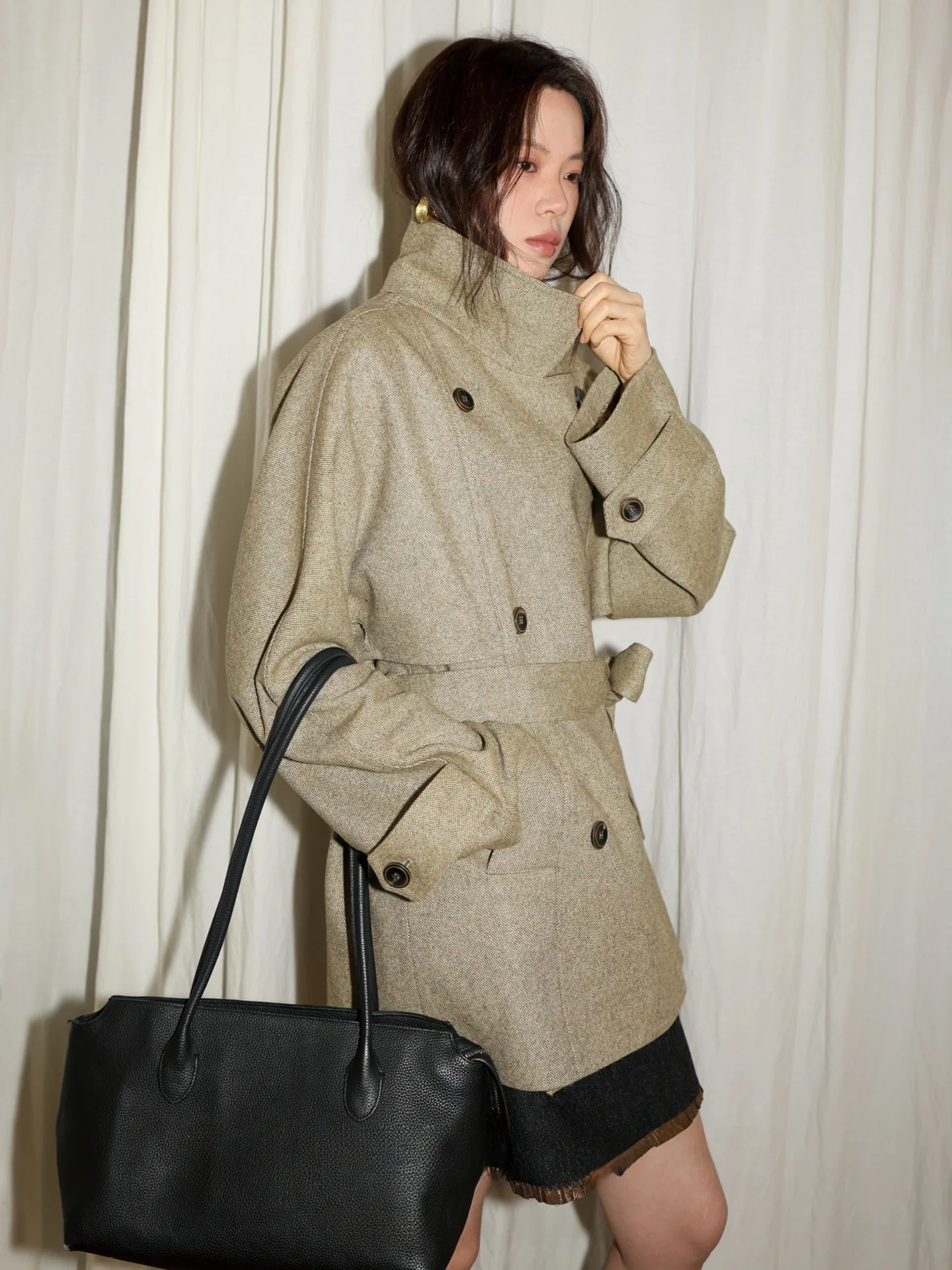 

Sibo Woolen Coat Sle Briti Aosphere Commute Medium Length Woolen Overcoat Jaet Fem Long Sve Double Button