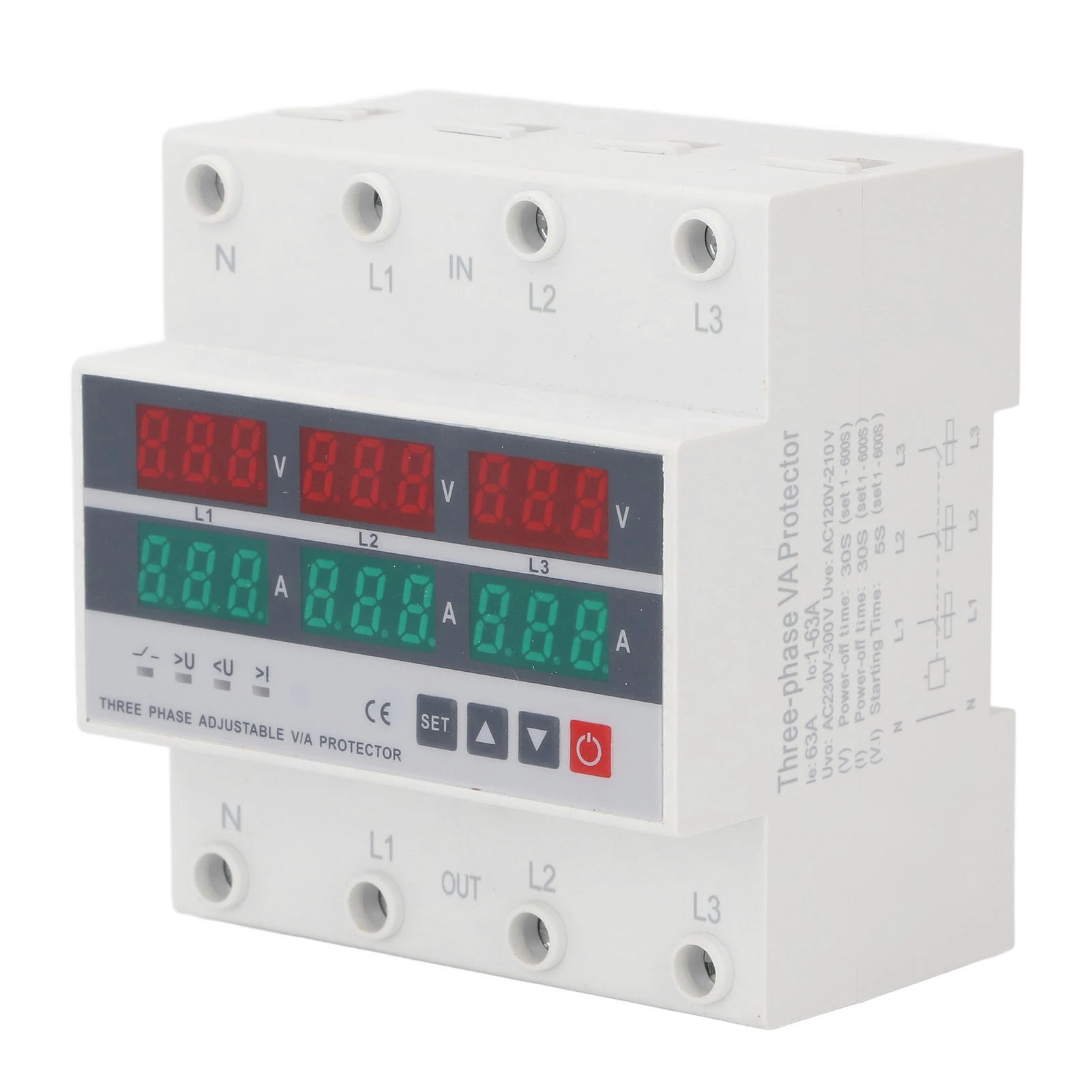 Over Under Voltage Protector 3 Phase DIN Rail Automatic Over Current Protector AC120‑300V 63A