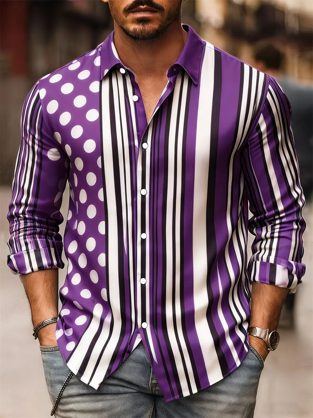 

Men's Casual Striped Long Sleeve Shirt Luxurious Printed Oversized Fit New Collection XS-6XL