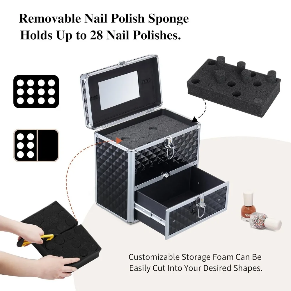Lockable Nail Polish Organizer Case with Mirror, Drawers & 28 Slots - Portable Makeup Storage Box