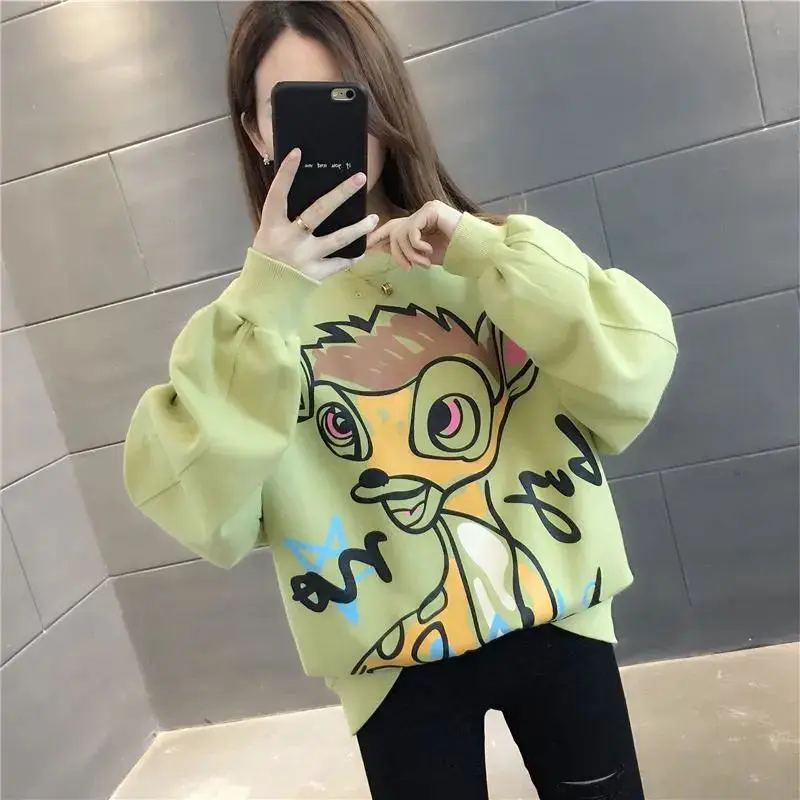 2023 New Korean Loose Pullover Printed Cartoon Hoodies All-match Spring Autumn Solid Color Round Neck Long Sleeve Casual Tops