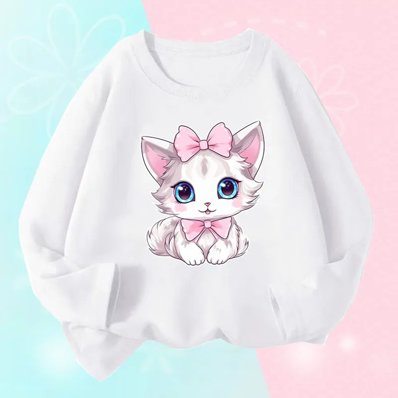 2023 New Girls T-shirt Kids O Neck Long Sleeve Cat Puppy Tops Fashion Animal Cute Pet Print Daily Casual Street Wear