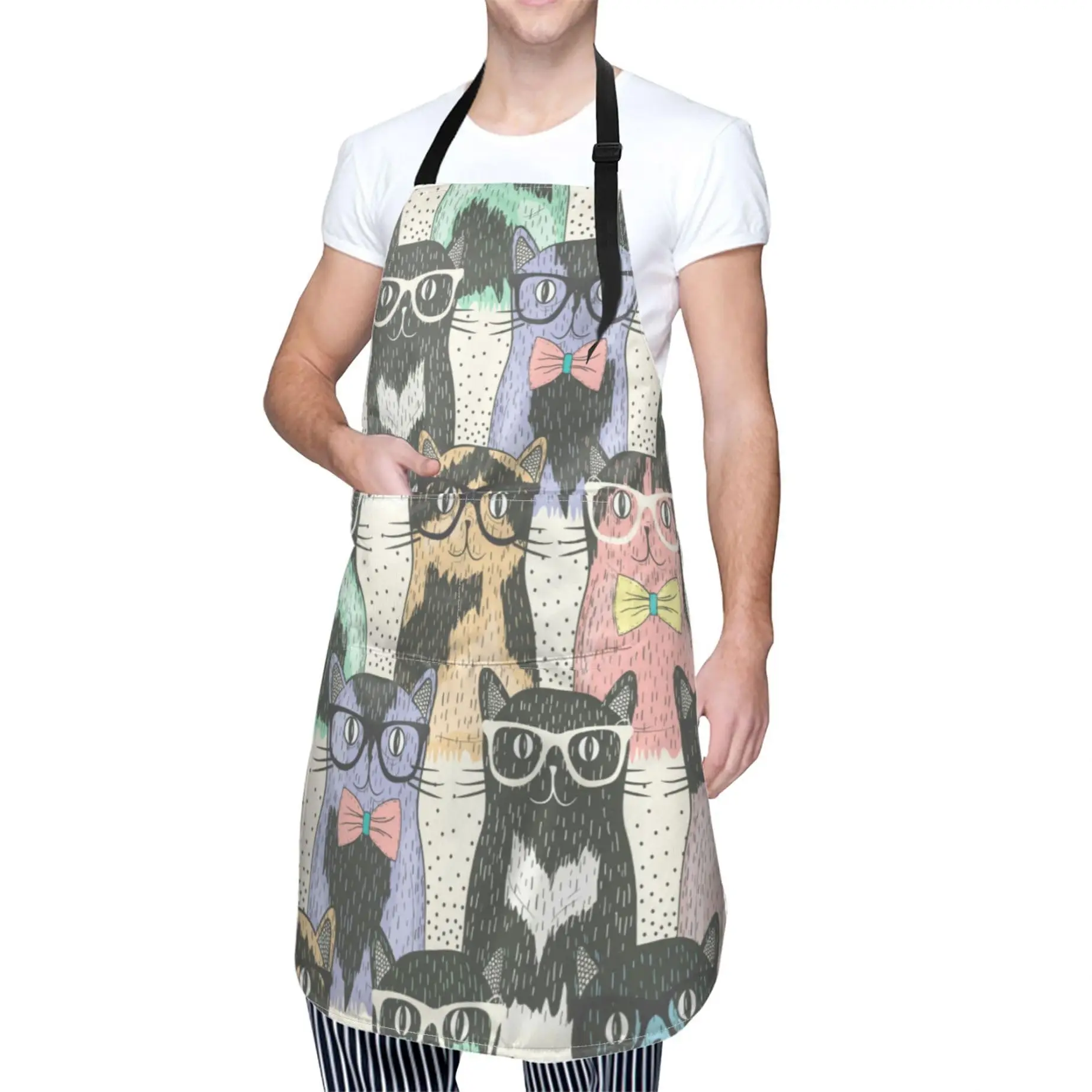 

Cute Cats Cooking Apron For Women Men With Pockets,Colorful Cartoon Kittens Glasses Oxford Cloth Kitchen Apron