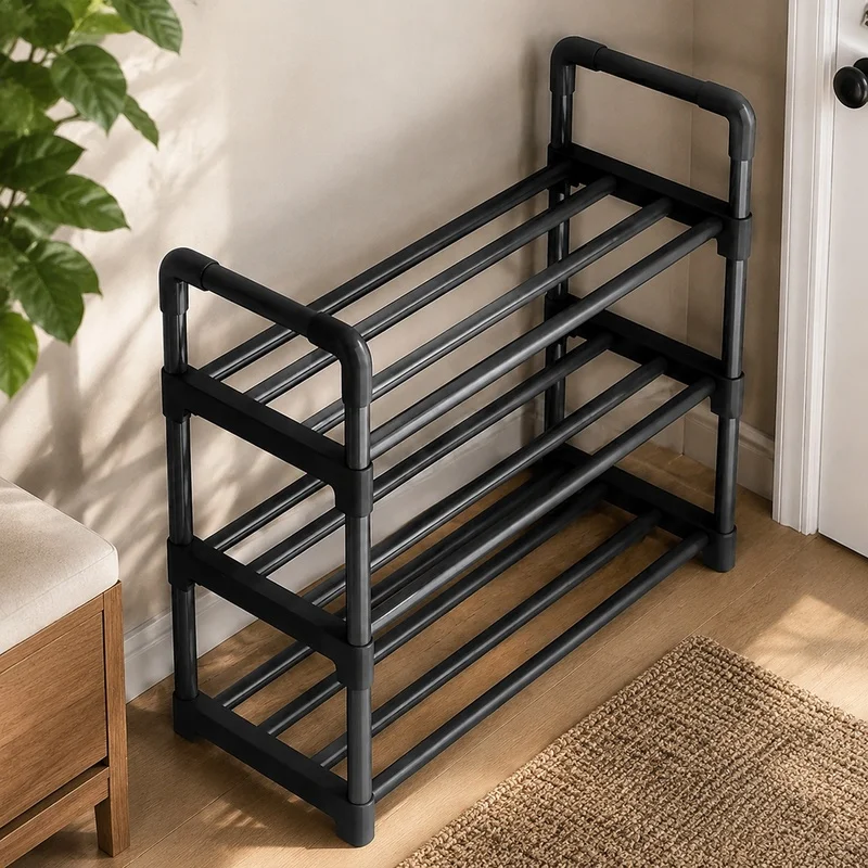 Compact Black Shoe Rack with Multiple Levels, Space-Efficient Organizer for Dorms and Entry Areas