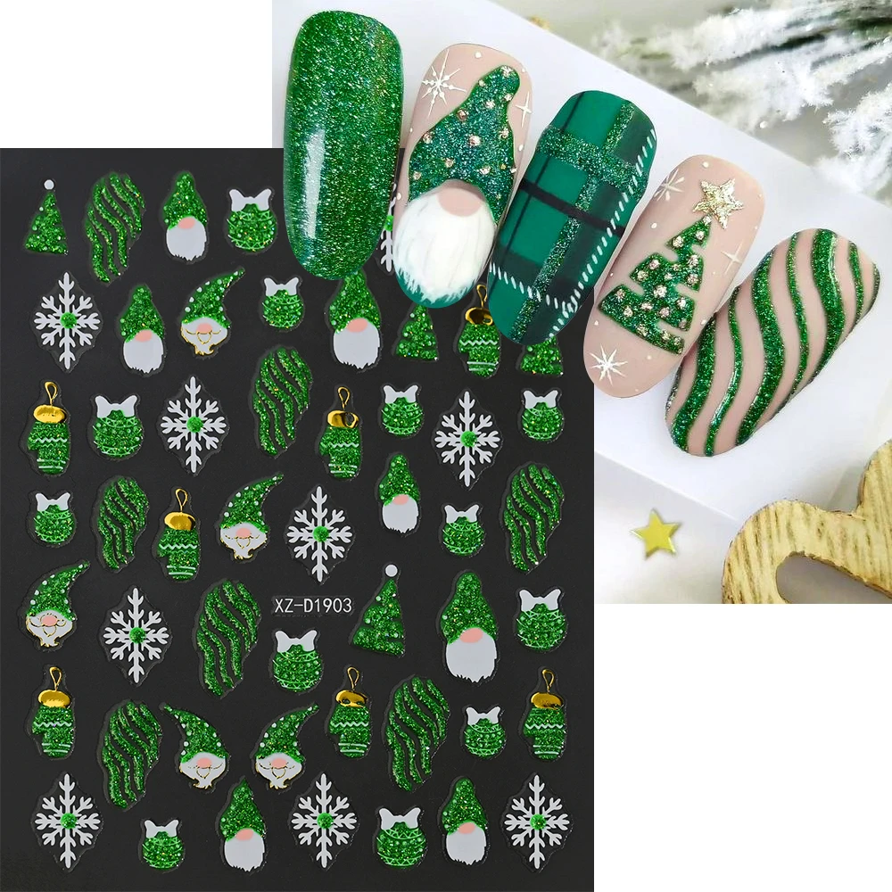 1Pcs 3D Weihnachten Grün Glitter Elch Kiefer Glocke Geschenk Nail art Aufkleber Nette Deer Selbst-klebe Sliders winter Weihnachten Maniküre Aufkleber