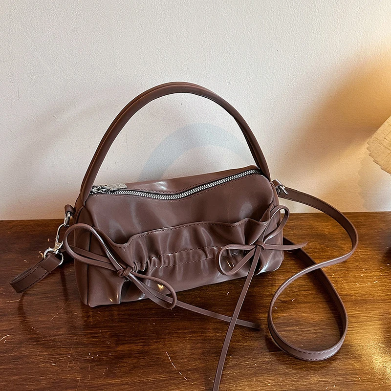 Schicke Umhängetasche mit Schleife und plissiertem Kordelzug, zylindrische Handtasche, Damen-Kissentasche mit abnehmbarem Riemen, Reißverschluss oben – Detail 22