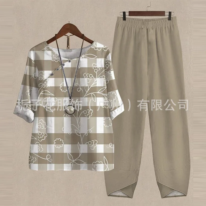 European and American cross-border fashion new women's short sleeved printed top+pants two-piece set