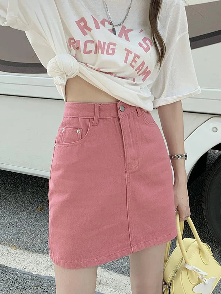 JMPRS Süße Rosa Frauen Denim Röcke Hohe Taille Student EINE Linie Koreanische Feste Mini Rock Kausalen Sommer Vintage Damen Jeans rock