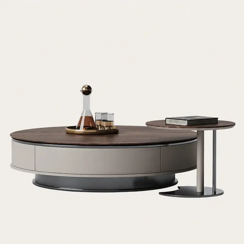 Modern Light Luxury Round Coffee Table Set High End Walnut Wood Center Table for Living Room Villa Home Furniture 2026 New
