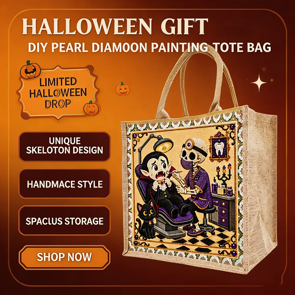 DIY Pearl Bead Diamond Art Tote Bag Novelty Skeleton Dentist Vampire Burlap Casual Bag Halloween Costume Accessories Party Gift