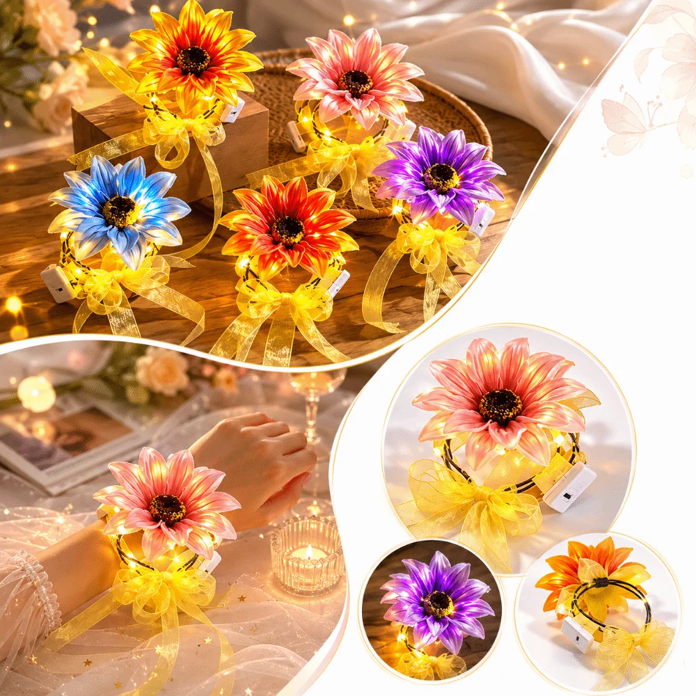 2pcs Bright Sunflower Styled Glowing Sunflower Wristband Lightweight Soft Glowing Light Children Party Wristband