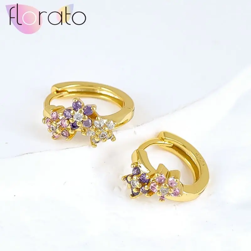 

925 Sterling Silver Needle Sweet Cute Two-color Flower/Tricolor Flower Zircon Hoop Earring Women Luxury Fashion Wedding Jewelry