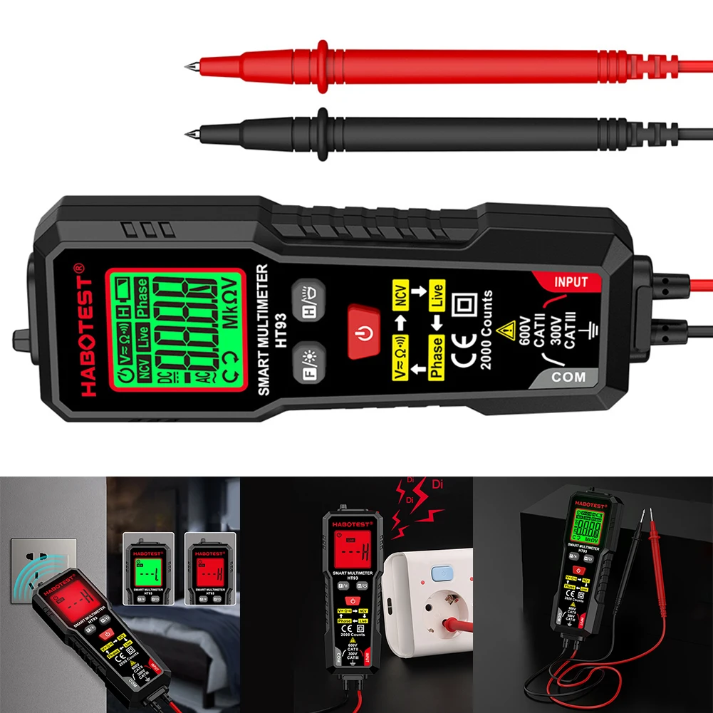 HT93 Digital Multimeter TRMS 2000 Counts Auto-Ranging AC/DC Voltage Resistance Tester with NCV Live Wire/Continuity Test