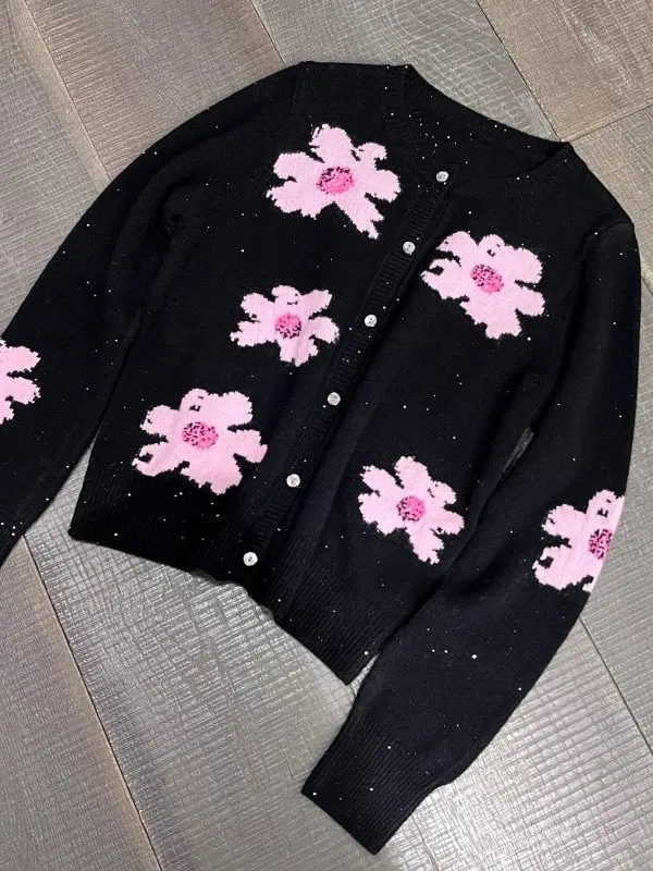 

Шикарный вязаный кардиган для женщин: мягкий, с блестками, в холодных тонах, с 3D-цветочным дизайном, длинный рукав, стандартный крой, цветной