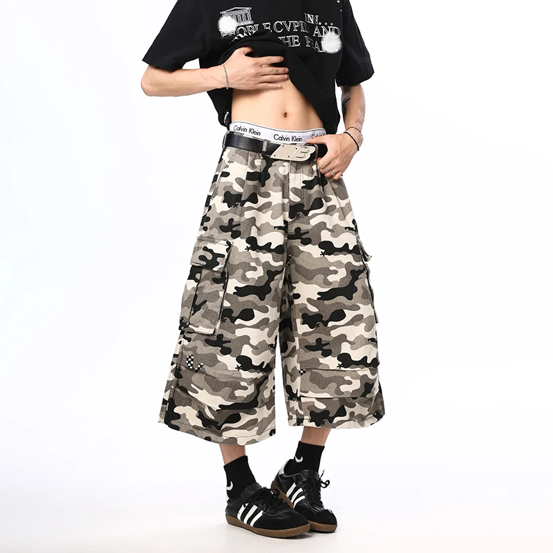 

American Multi-pocket Camouflage Work-wearing Cropped Pants for Men Loose Straight and Fashionable Versatile Casual Shorts S-2XL