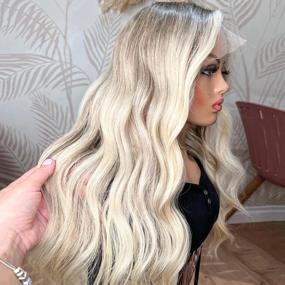 ZXBMALWIGS Ombre Buttercream blond podkreśla syntetyczne peruki do włosów dla kobiet koronkowa peruka czołowa korzenie luźna fala wstępnie oszukana