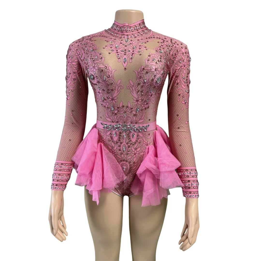 

Stage Glitter Women Nightclub Prom Concert Costumes Pink Drag Queen Bodysuit Singer Show Dance Leotard Rhinestones Red Ruffle