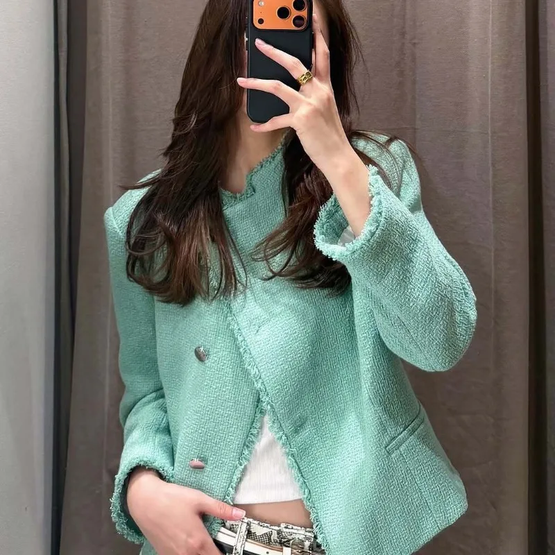 Fringed Raw Edge Cropped Jacket Stand Collar Single‑Breasted Pocket Design Long Sleeve Women Casual Short Outerwear 260901