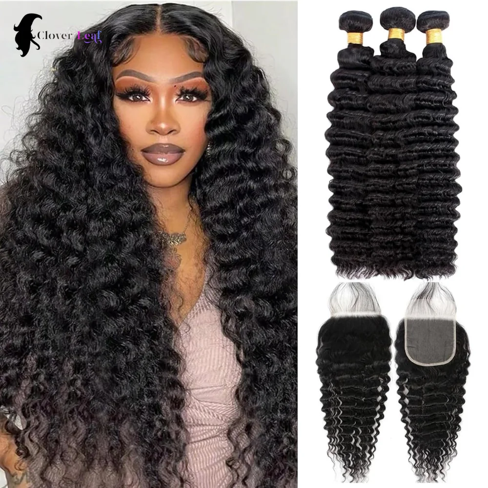 Deep Wave 3 Bundles With Closure - 12A Derin Dalgalı İnsan Saçı, 4x4