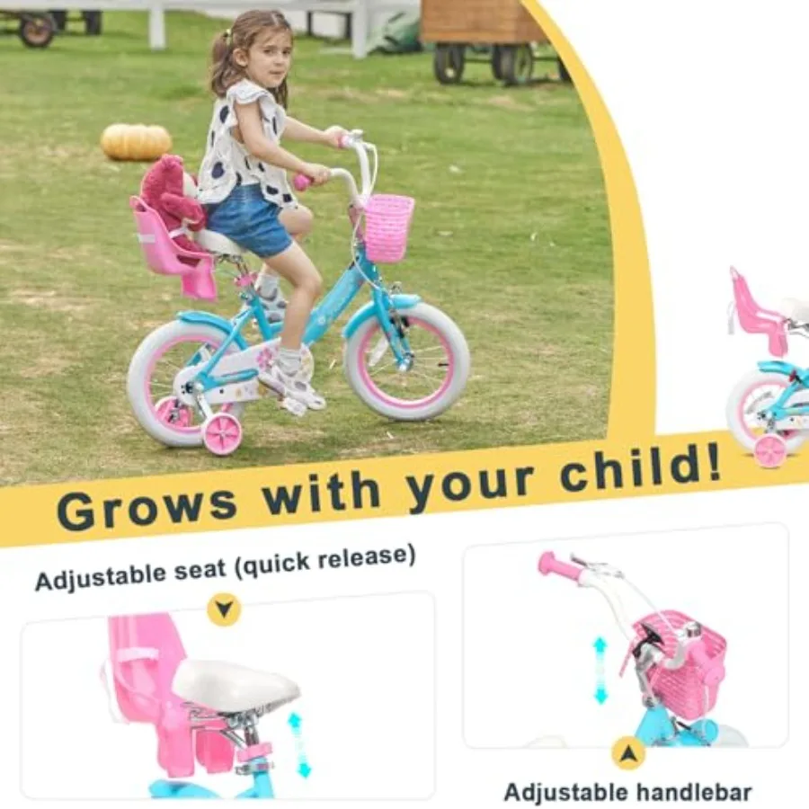 Bicicleta Maggie Girls de 12-20 pulgadas para niños de 2 a 13 años, bicicleta estilo princesa con asiento de muñeca, cesta, ruedas de entrenamiento, múltiples colores