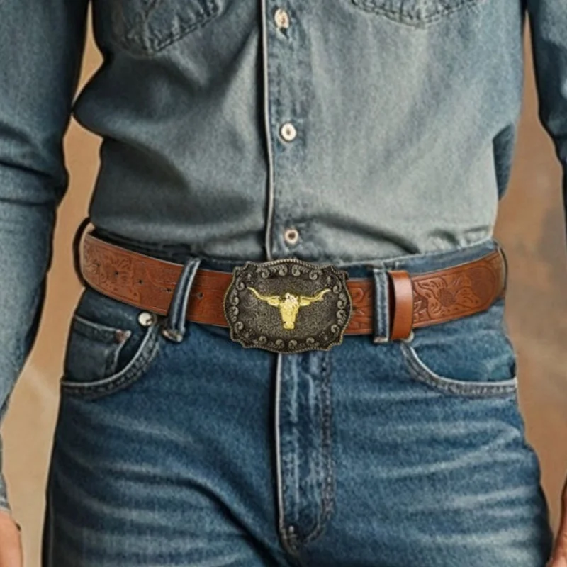 New Men's Western Cowboy Belt, Black PU Leather Embossed Belt with Stylish Alloy Buckle, Cool Handsome Daily Men Belt