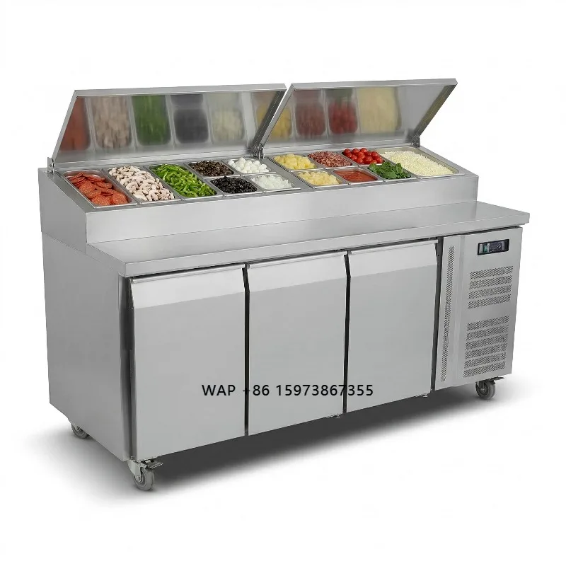 

OEM ODM Counter Fridge Pizza Prep 3 Door Stainless Steel Pizza Prep Table Refrigerator for Commercial Kitchen