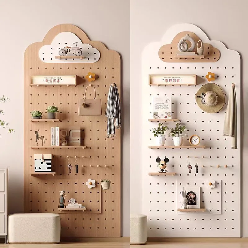 New solid wood hole board shelf wall modeling wall entrance entrance storage display rack decorative hanging board baffle