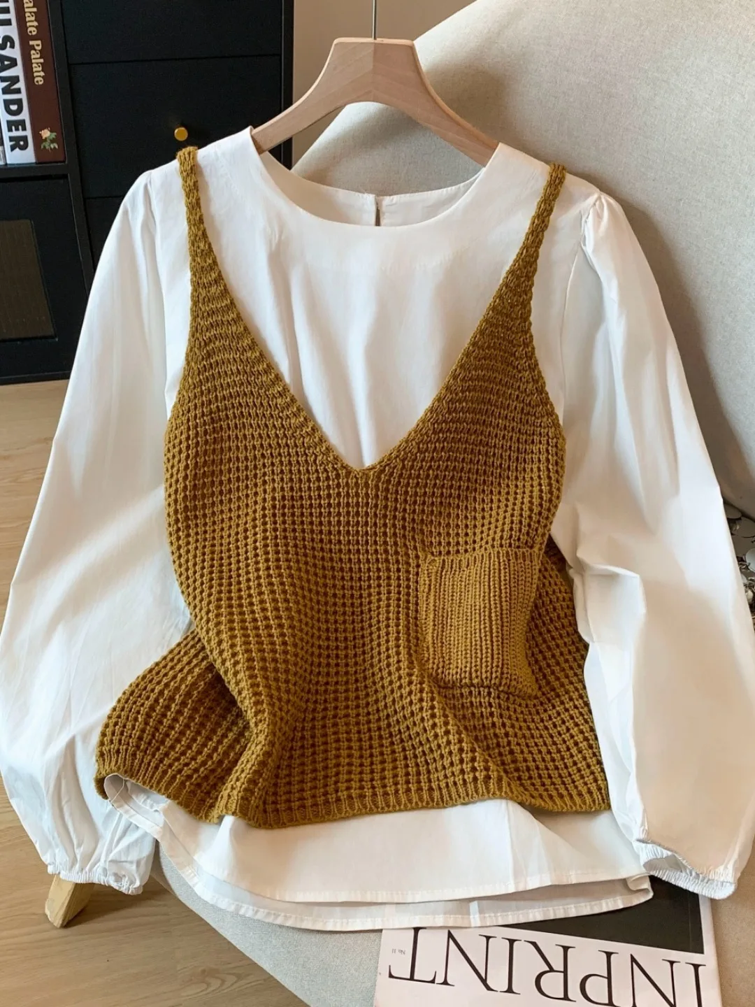 

Long Sve Вязаный V-Ne круглый Ne irt Женский комплект из двух предметов для ранней осени, самосохраняющий дизайн для поездок на работу