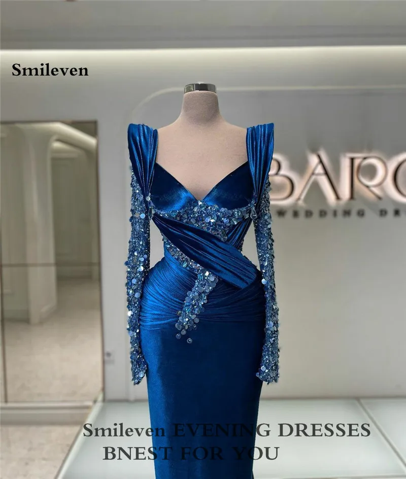 Smileven Blue Saudi Arabia Mermaid Evening Dresses Long Sleeve Beading Crystal Velvet Prom Dress Modern Party Dress 2023