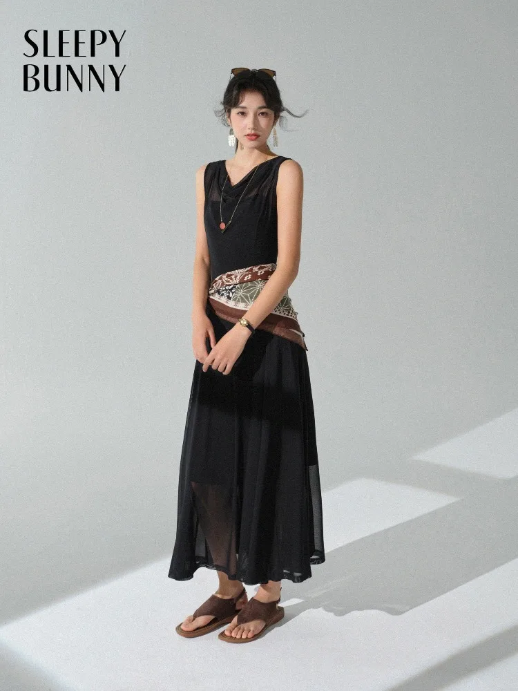 

Elegant Draped Mesh Dress Sleeveless Long Maxi Gown Autumn Stretch Flowy Party Outfit Fit for Women High Waist Slim Clothing