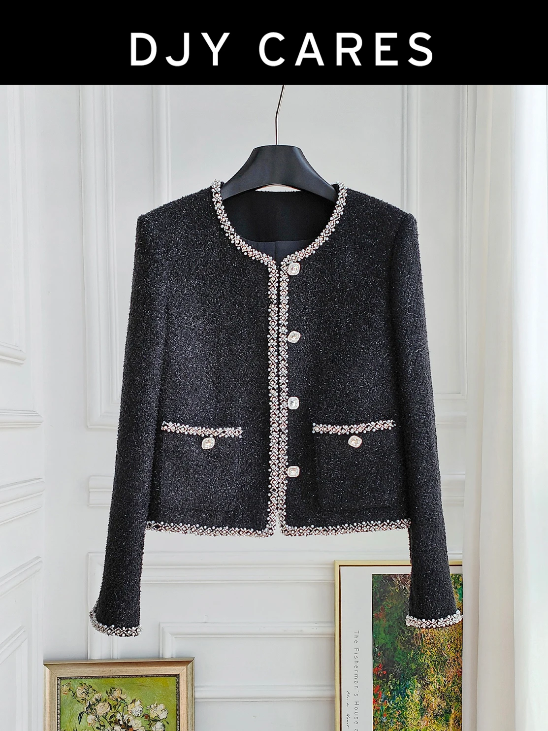 

New Coarse woolen heavy industry nail bead border black jacket, high-end top big size