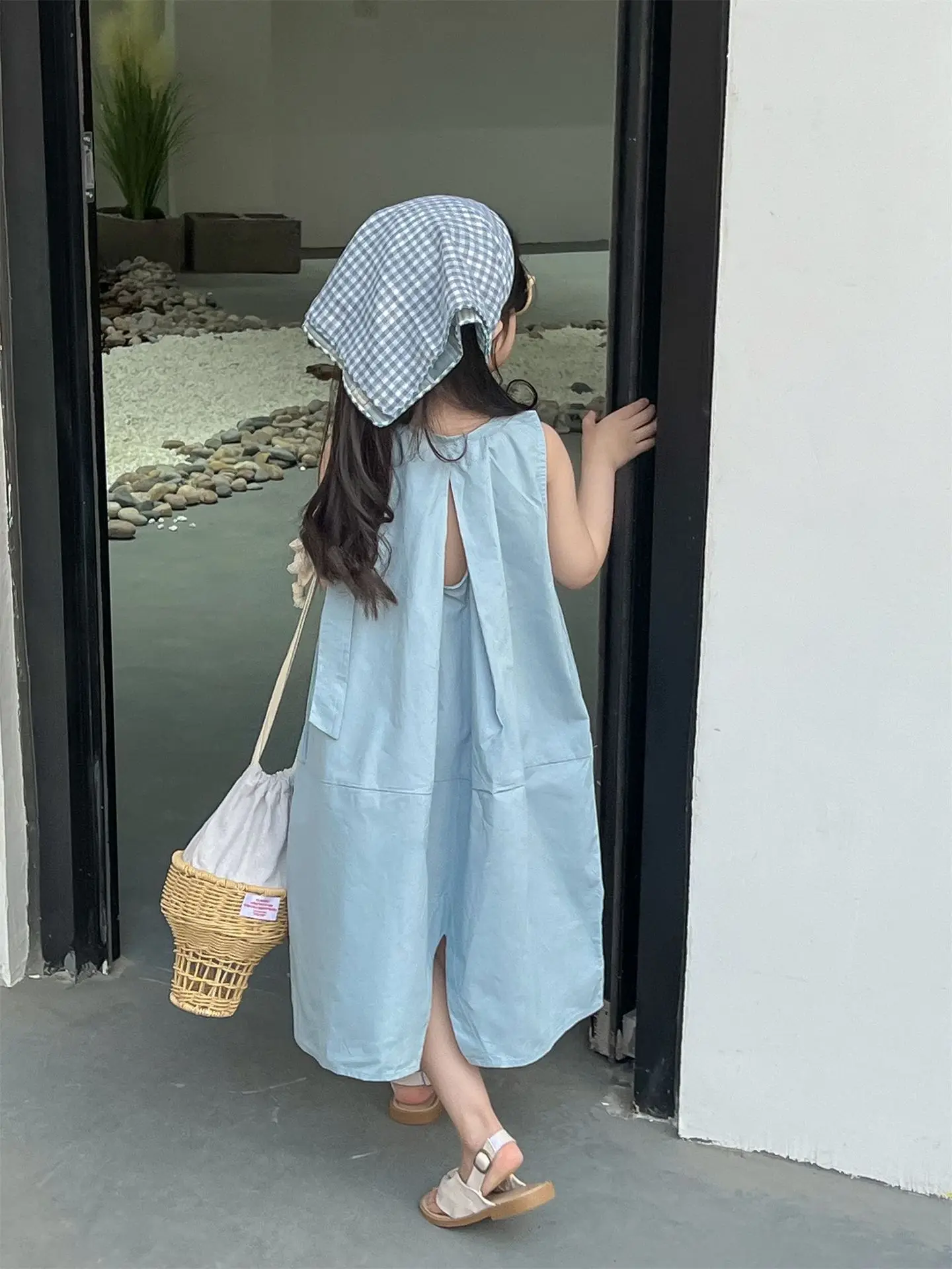 2024 Summer Korean Childrens Wear New Product Girl Style Tank Top Dress Fashionable Sleeveless Blue Gentle Dress