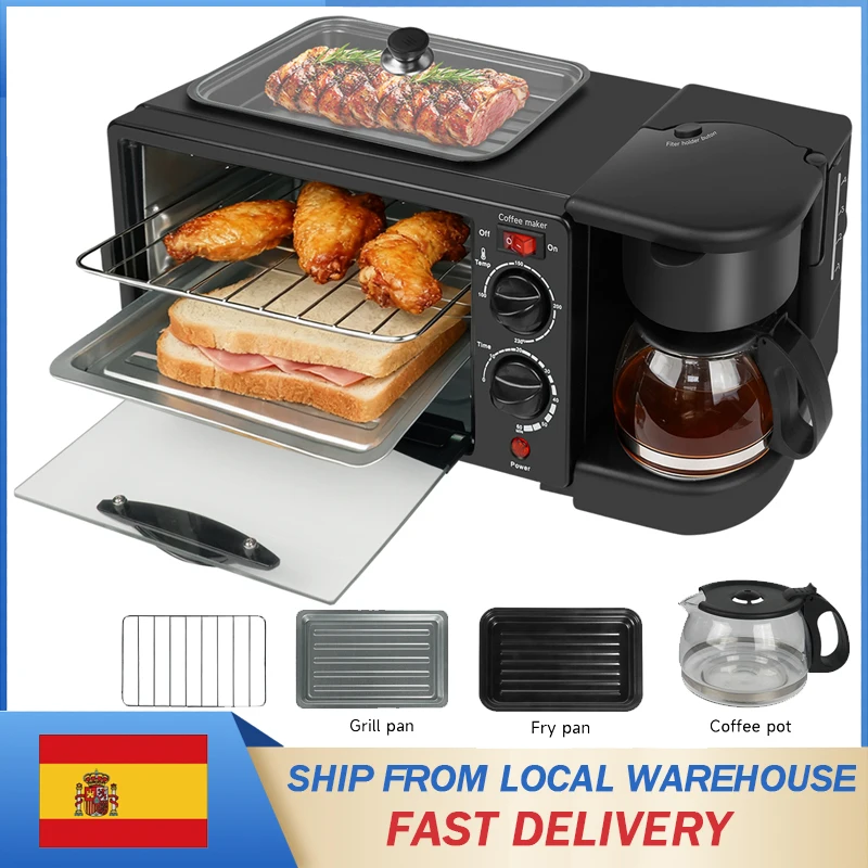 Estación de desayuno 3 en 1, máquina de desayuno multifunción, sartén antiadherente, cafetera, horno eléctrico, enchufe europeo