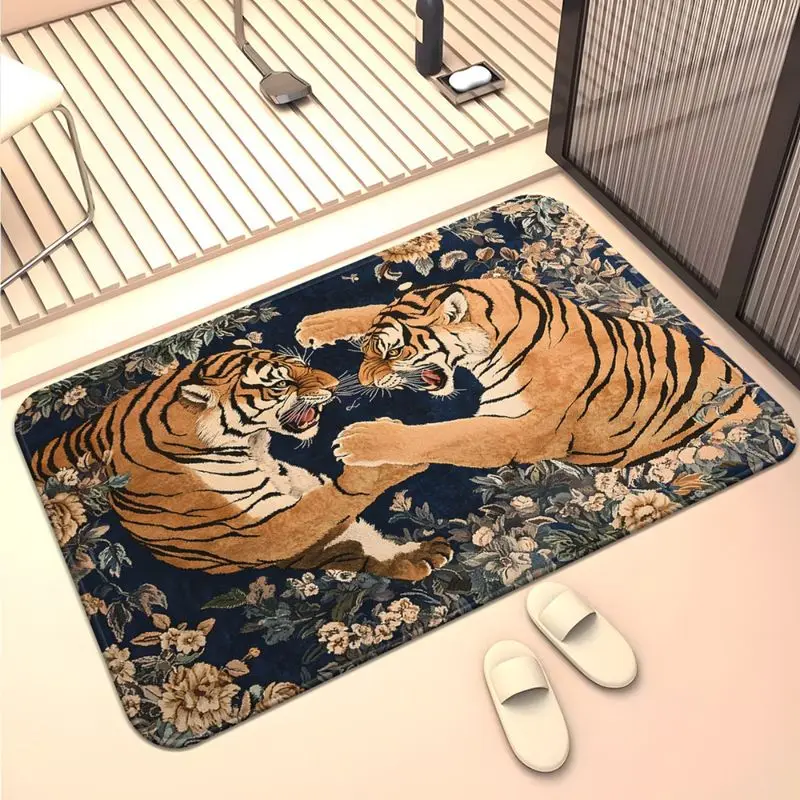 VIKAMA Vintage Floral Two Tigers Floor Mat Non Slip Welcome Rug Oriental Animal Print Indoor Home Decor