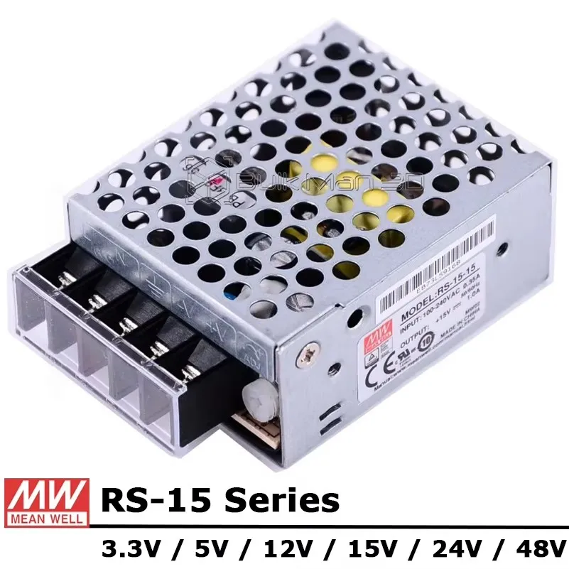 Mean Well RS-15 Series 15W 3.3V 5V 12V 15V 24V 48V Single Output Switching Power Supply Unit RS-15-12/RS-15-15/RS-15-24/RS-15-48