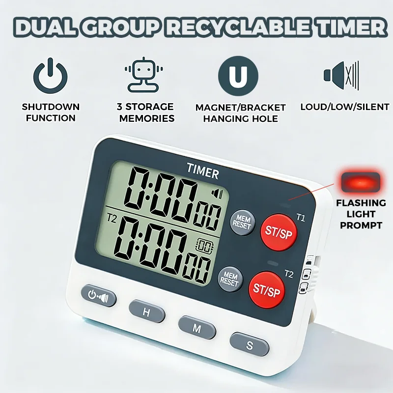 Digital Kitchen Timer Dual Groups Cycle Timing Count UP/Down Timer 3 Storage Memories Mute Flashing 3 Levels Volume Alarm Clock