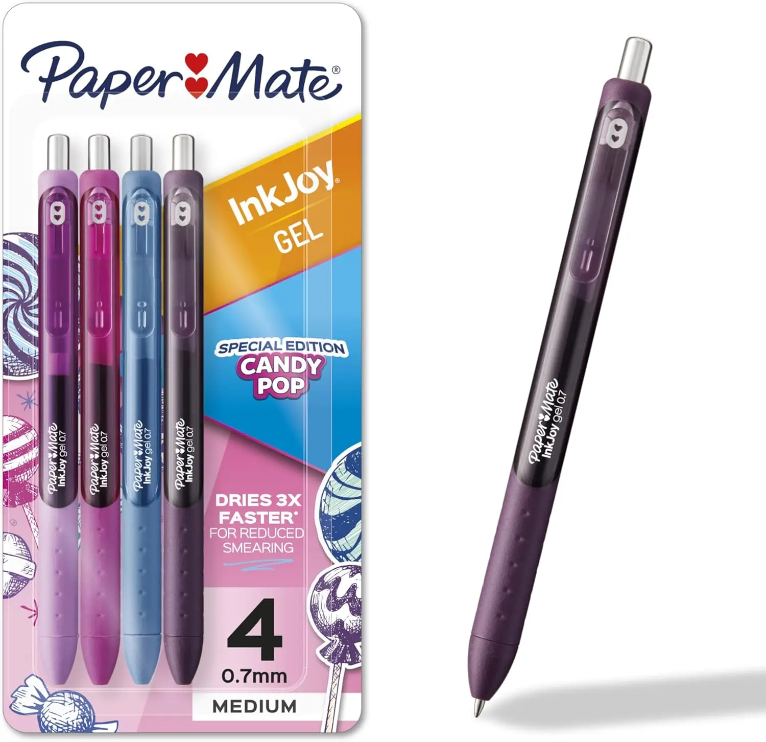 

Paper Mate InkJoy Gel Pens Candy Pop Medium Point 0.7mm Retractable Assorted Colors 4 Count for Fun Office Writing Journaling