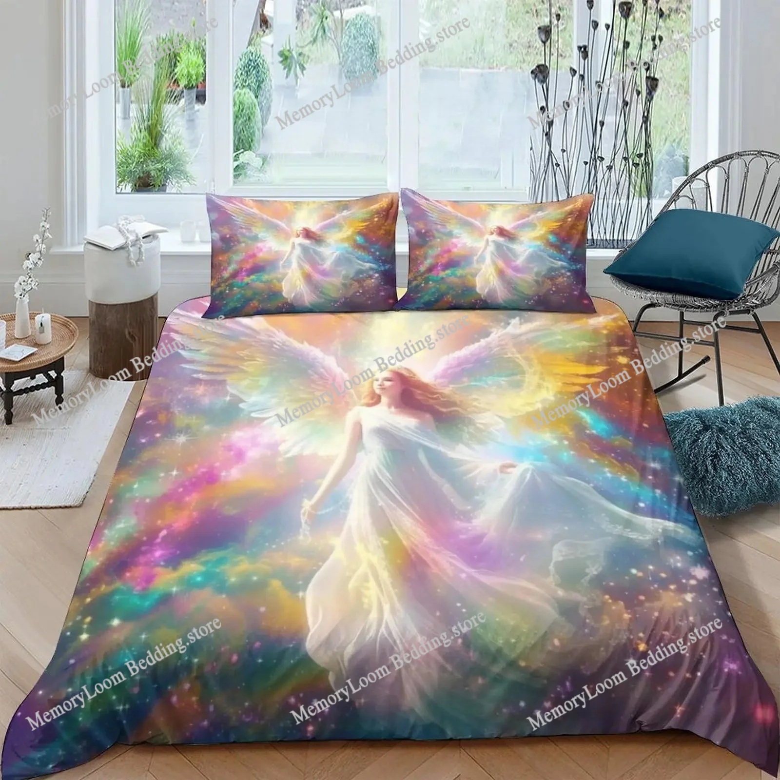 

Angel Duvet Cover Queen Size,Angel Wings Comforter Cover,Palace Bedding Set 3 Pieces,3D Printed Rainbow Quilt Cover,Luxury White